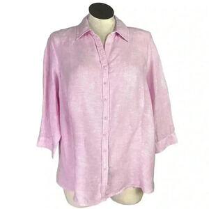 Coldwater Creek Button Blouse Top 2X Pink 100% Linen 3/4 Sleeve Collared